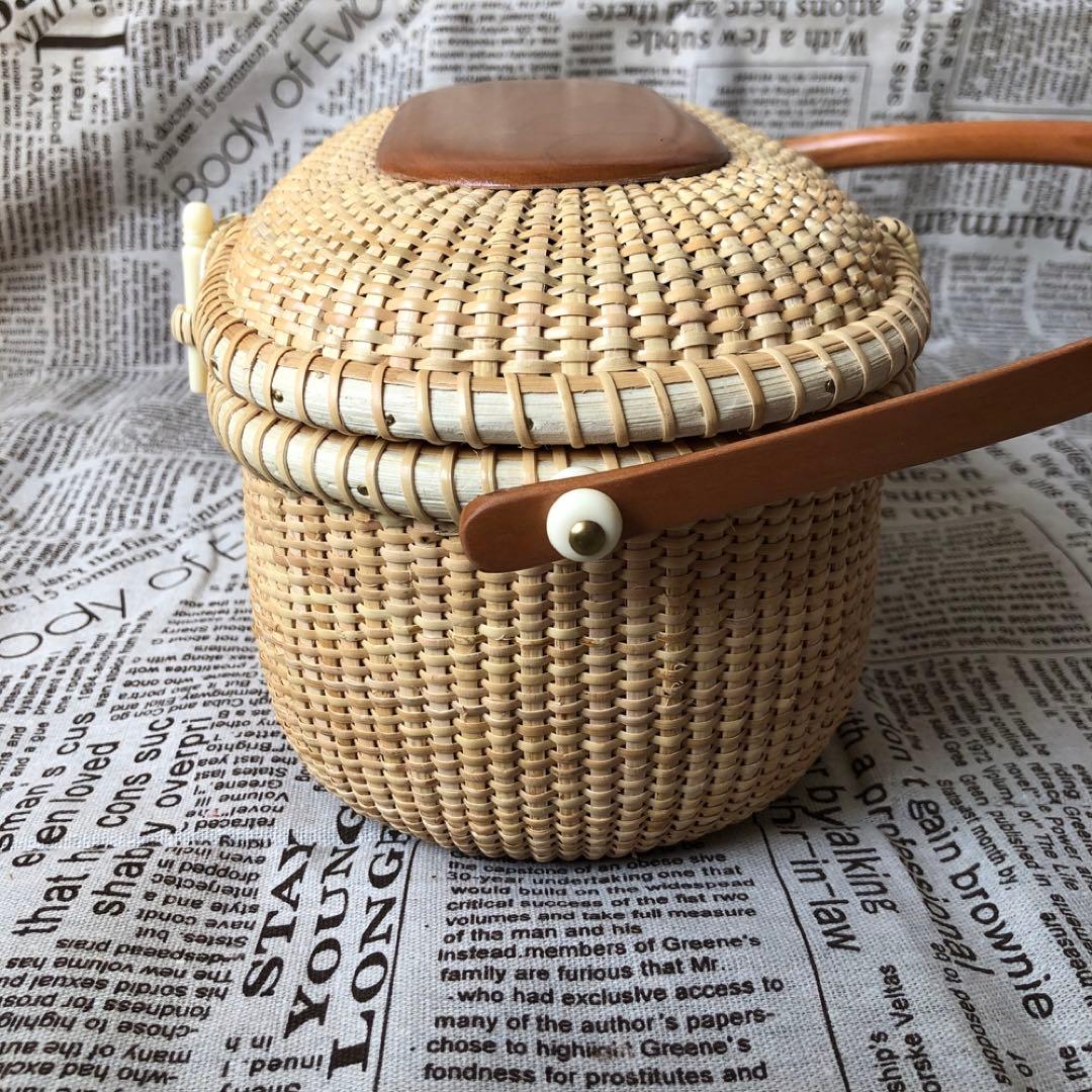 高級藤編バスケット 手提げ 和服コーデ ハンドメイド ピクニックバスケット