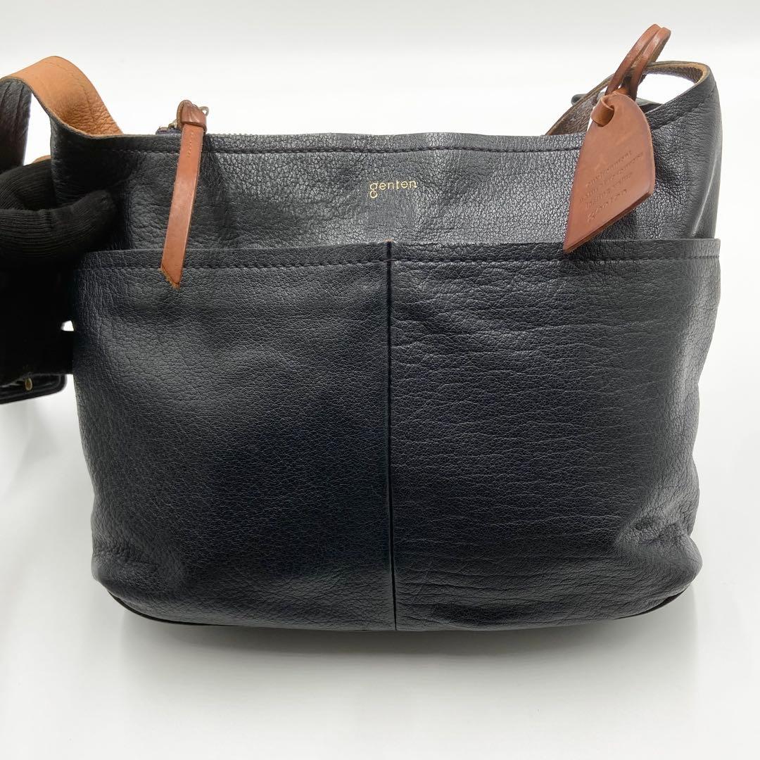 極美品　ゲンテン　タスカ　ショルダーバッグ　ロゴ刻印　レザー　ネイビー