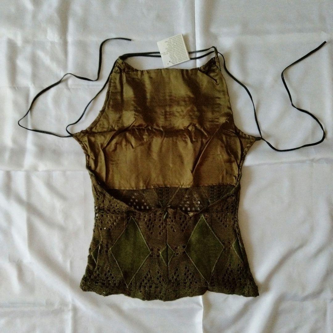 【新品】革とニット地のベアバック トップス 深緑 Sサイズ（胸部分に裏地あり）