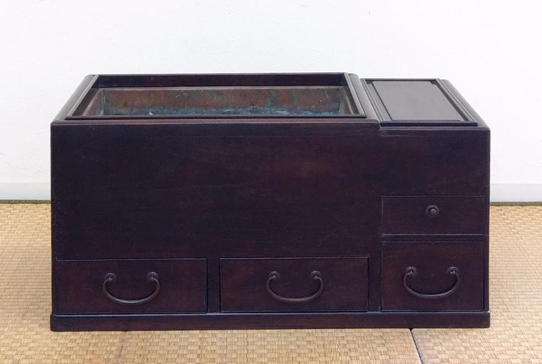 木製 唐木 紫檀 総無垢 長火鉢 関東火鉢 囲炉裏 五徳 灰付き 幅66cm