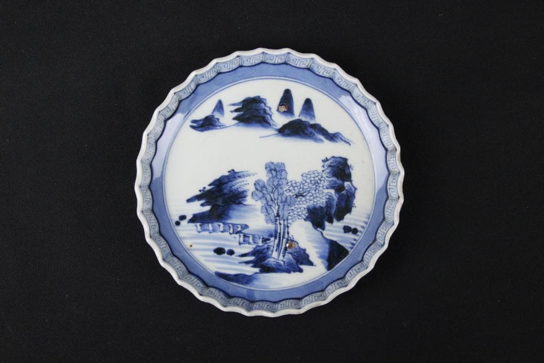 古伊万里 染付 山水図 五枚組 小皿 菓子皿 風景絵 江戸～明治期 Eo21-6