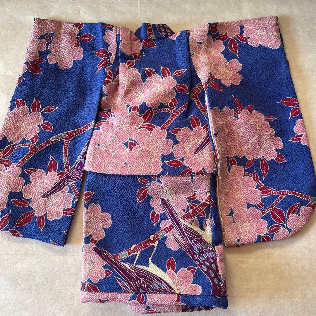 古布　一越ちりめん　桜の木　鳥　人形の着物　10号　120707