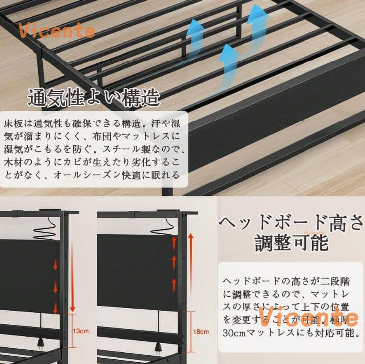 Vicente耐荷重200kgパイプベッドシングルベッド下収納組立簡単 送料無料