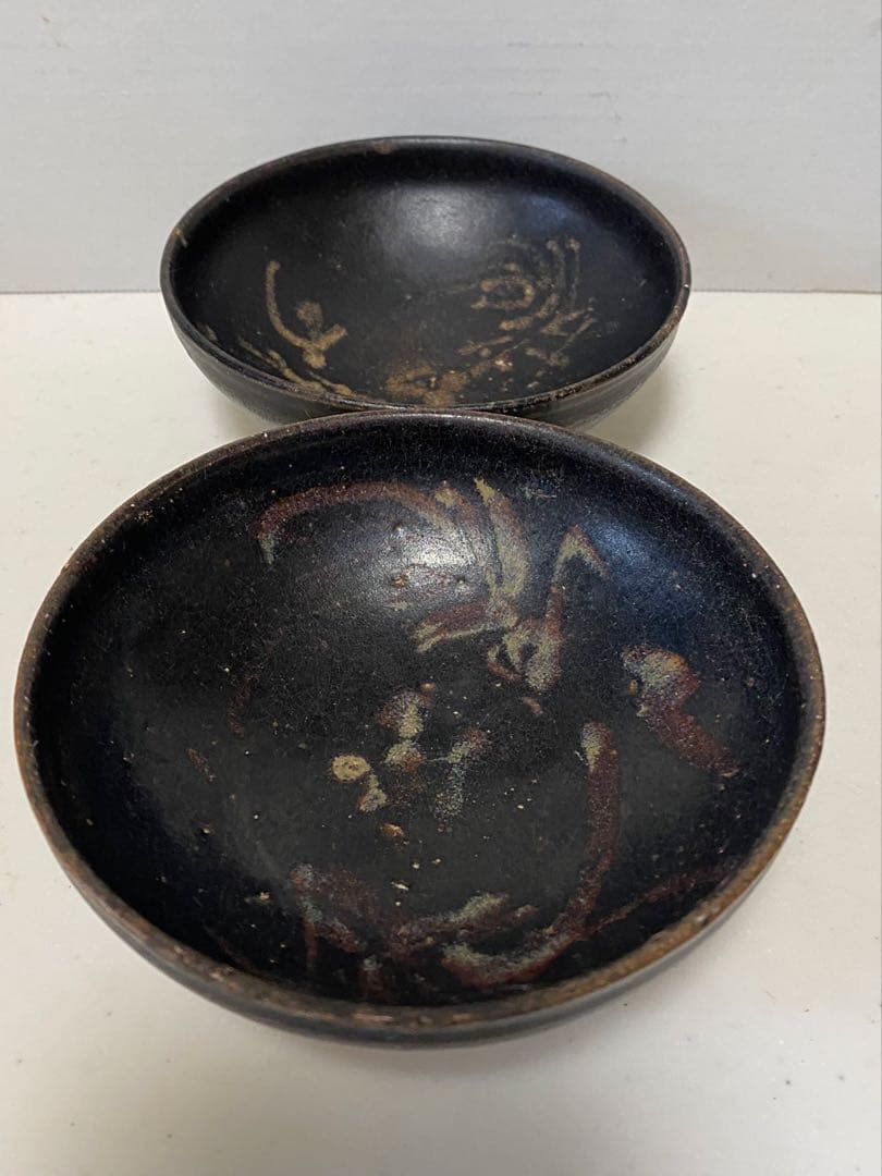 古美術 南宋吉州窯黑釉色彩繪雙鳳紋盞古玩 骨董