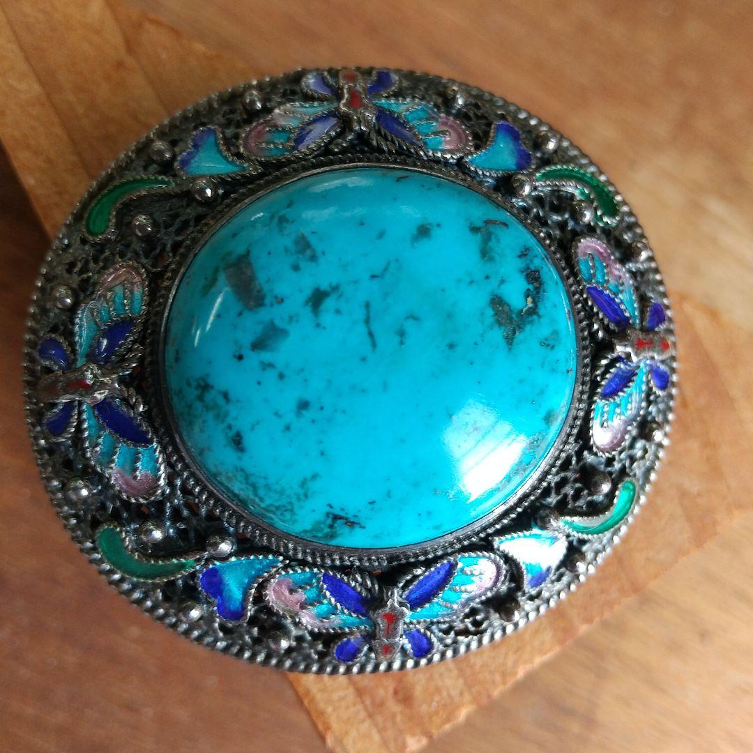 更に更に値下げ❗️ヴィンテージ SILVER×トルコ石七宝焼の帯留めブローチ