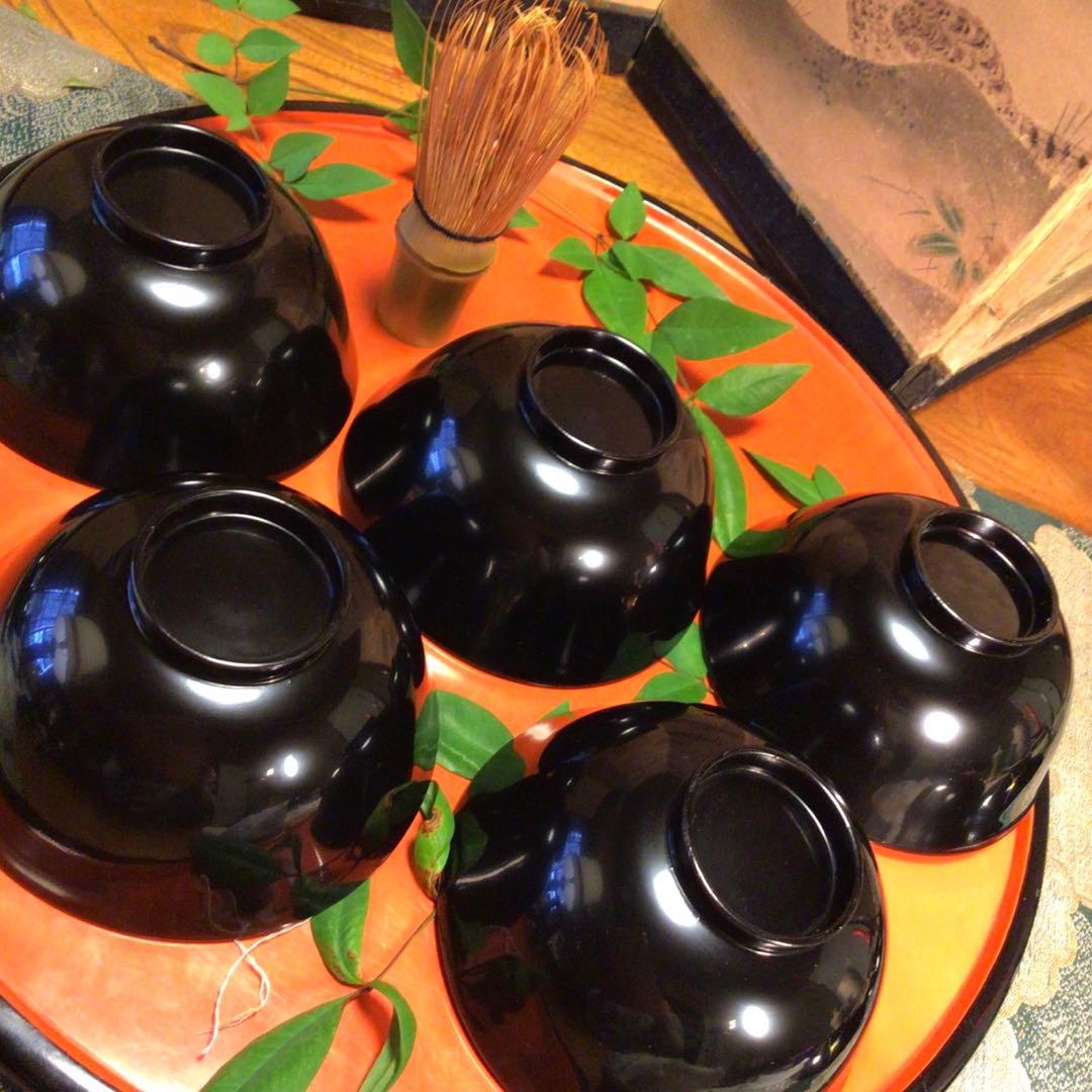 A762 木製輪島塗　懐石道具　黒塗　鶴に紅葉蒔絵　吸い物椀　　5客