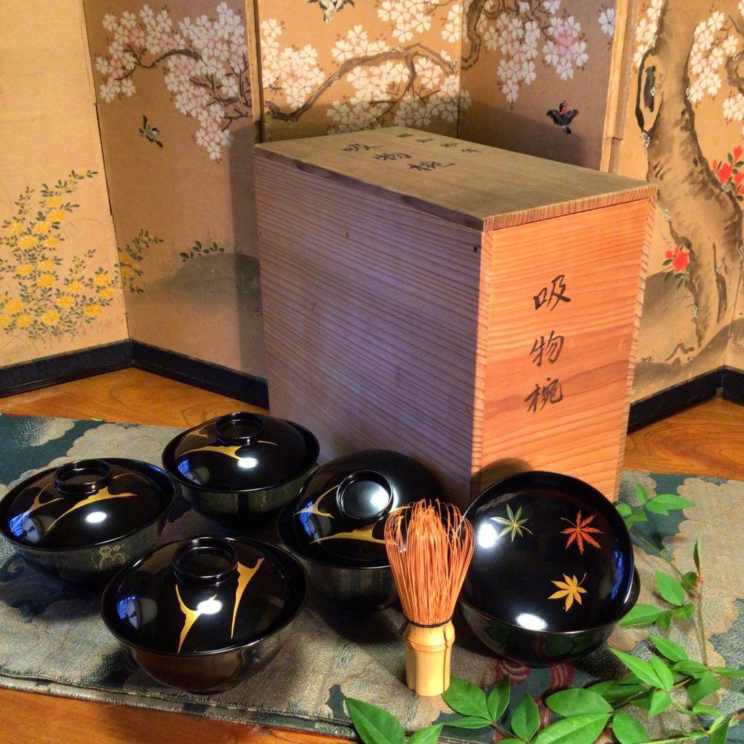 A762 木製輪島塗　懐石道具　黒塗　鶴に紅葉蒔絵　吸い物椀　　5客