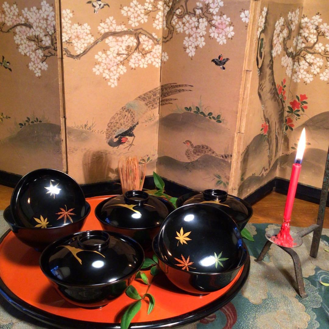 A762 木製輪島塗　懐石道具　黒塗　鶴に紅葉蒔絵　吸い物椀　　5客