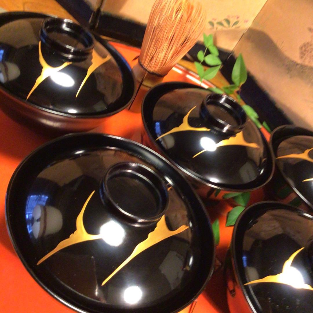 A762 木製輪島塗　懐石道具　黒塗　鶴に紅葉蒔絵　吸い物椀　　5客