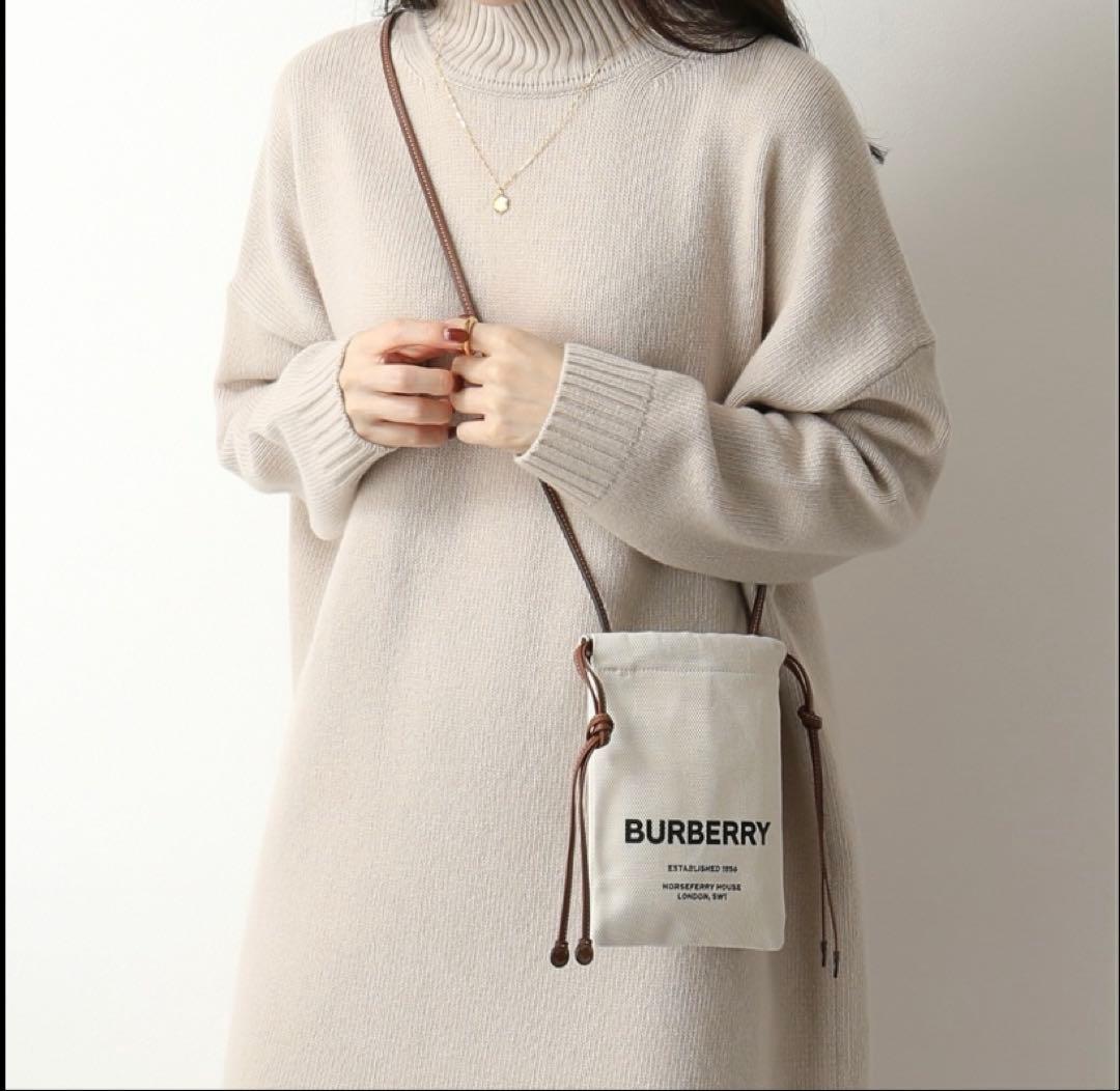 BURBERRY 美品 ミニ 巾着 ショルダーバッグ キャンバス レザー ロゴ