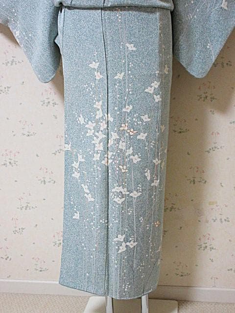 訪問着：白花と枝ライン：ミントグリーン蒔き糊染：11号小柄：シミ：袷正絹：P7