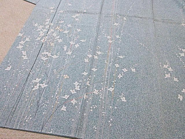 訪問着：白花と枝ライン：ミントグリーン蒔き糊染：11号小柄：シミ：袷正絹：P7
