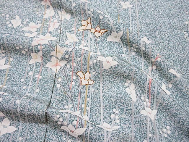 訪問着：白花と枝ライン：ミントグリーン蒔き糊染：11号小柄：シミ：袷正絹：P7