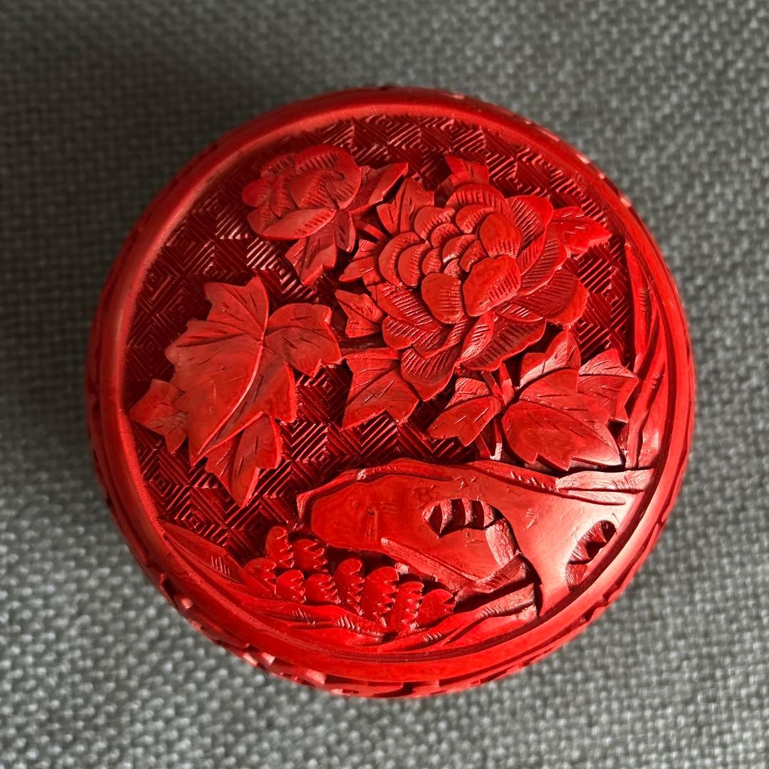 中国骨董【旧家蔵民国時代大き目銅胎彫漆堆朱内七宝香合印泥合】細工精密花鳥彫刻貴重