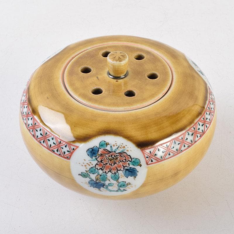 九谷焼　秋塘陶園　中村翠恒作　色絵　丸花文　透かし蓋　香炉　共箱　C　R9250