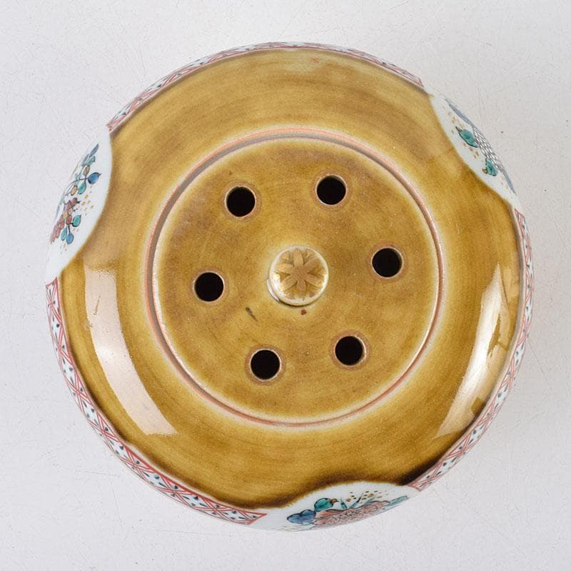 九谷焼　秋塘陶園　中村翠恒作　色絵　丸花文　透かし蓋　香炉　共箱　C　R9250