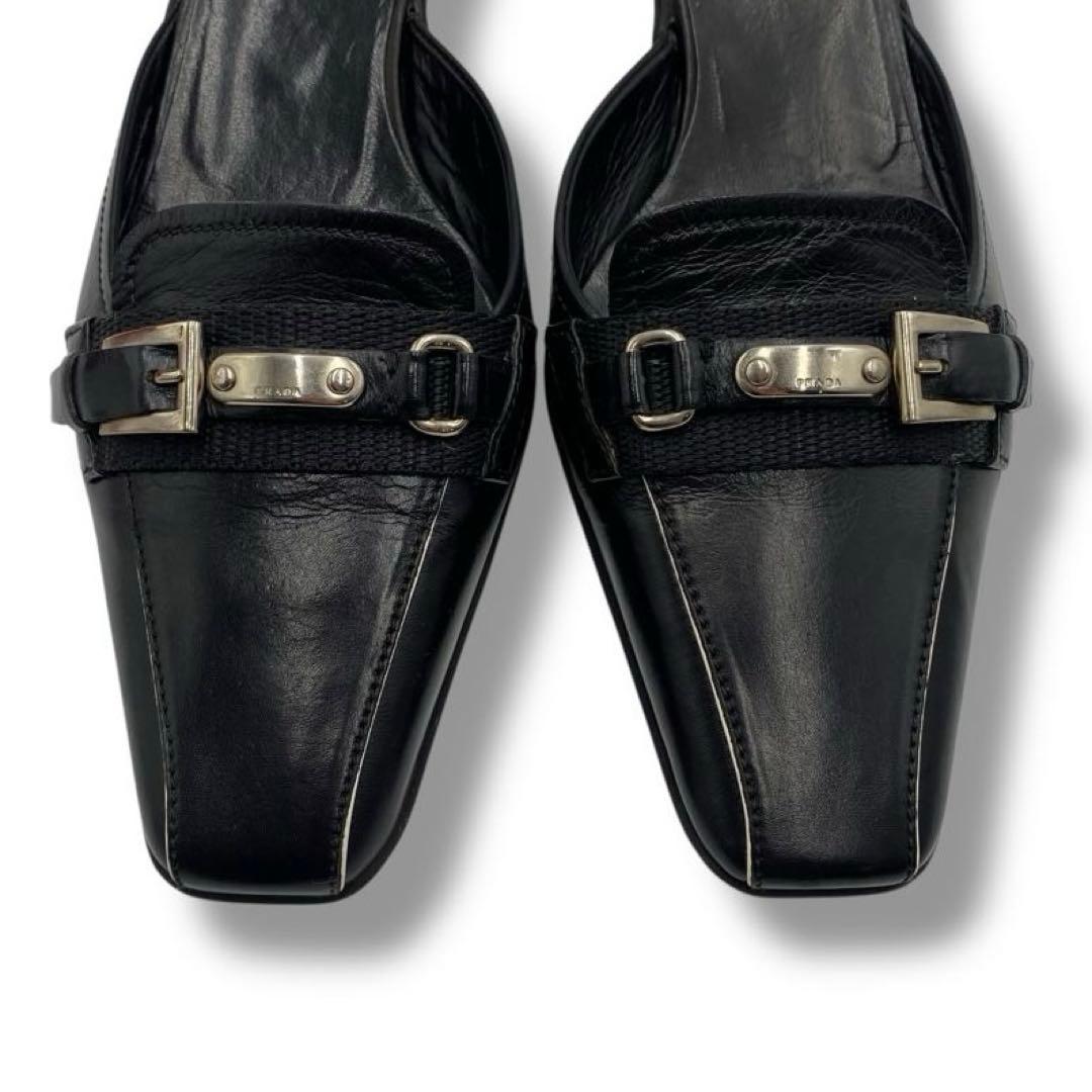 美品 PRADA ロゴ バックル レザー アーカイブ サンダル ミュール 36