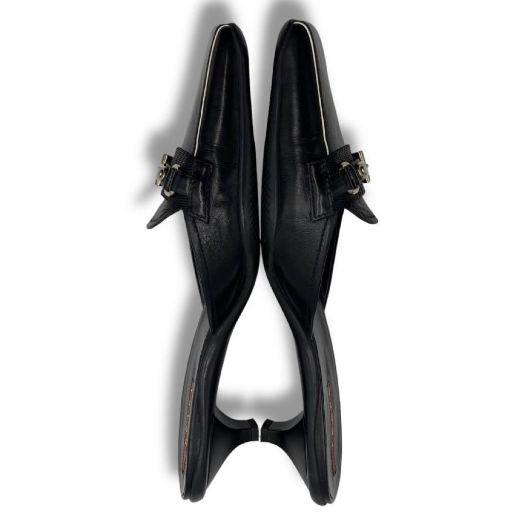 美品 PRADA ロゴ バックル レザー アーカイブ サンダル ミュール 36