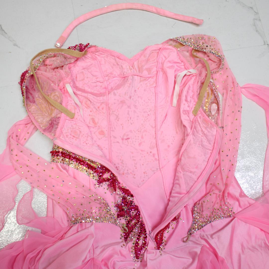 【美品 社交ダンス衣装】ピンク ワンピース ドレス ラインストーン チョーカー