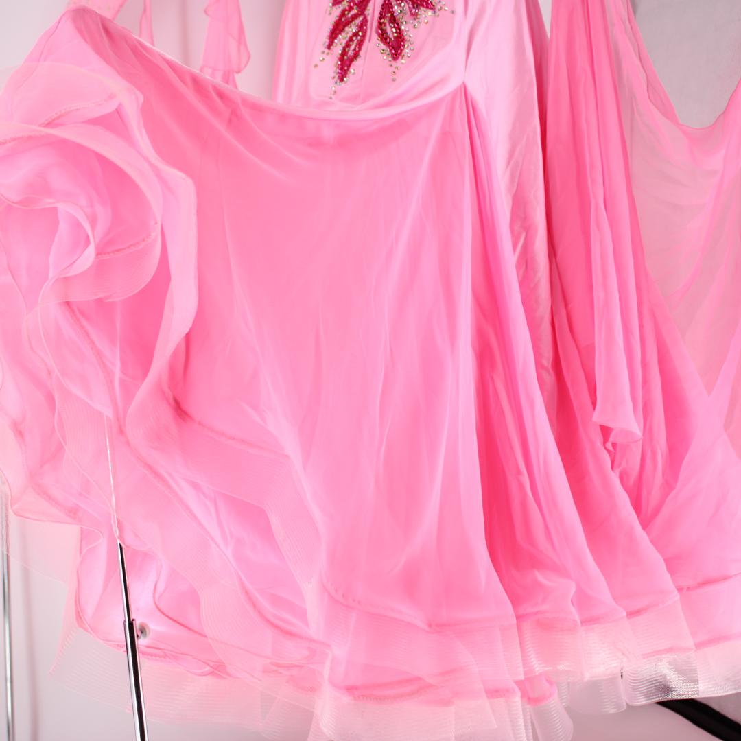 【美品 社交ダンス衣装】ピンク ワンピース ドレス ラインストーン チョーカー