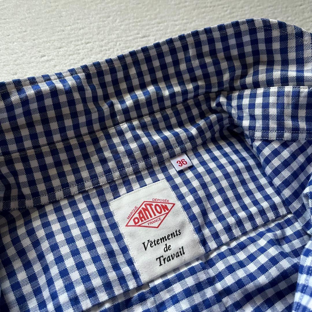 美品 DANTON ギンガムチェック 丸襟 ラウンドカラー シャツ M ブルー