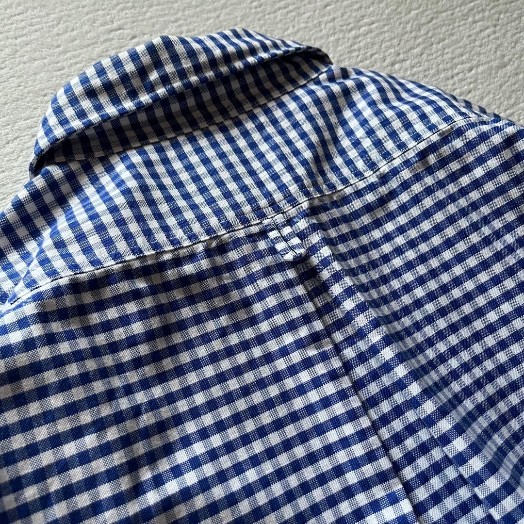 美品 DANTON ギンガムチェック 丸襟 ラウンドカラー シャツ M ブルー