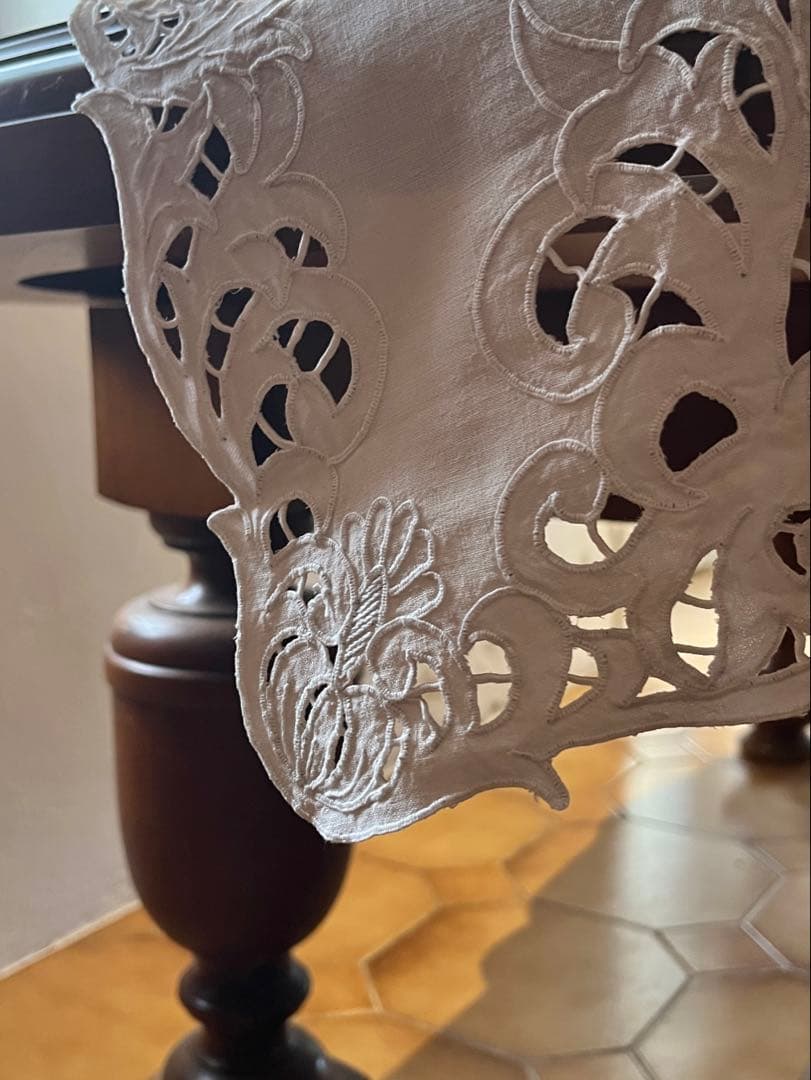 ◆フランスアンティーク｜超希少未使用手刺繍テーブルセンタークロス長方形長い白