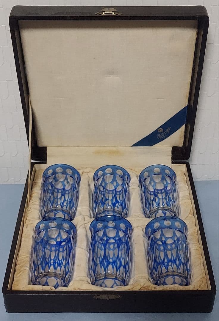 銀座松屋 江戸切子グラス 青被せ 箱入り レトロ