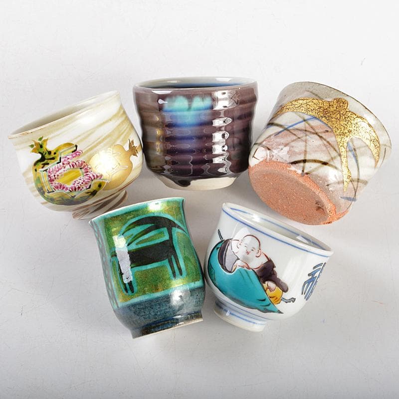 九谷焼　柳雨軒　三代八十吉　徳田正彦　中嶋珠光等　盃　共箱　五点　U　R5804