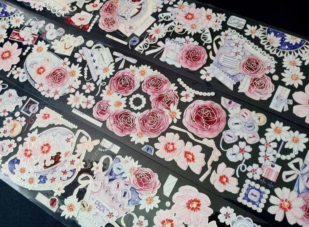 巻売 483★ 海外 マスキングテープ マステ PET 装飾 花 薔薇 銀ホロ