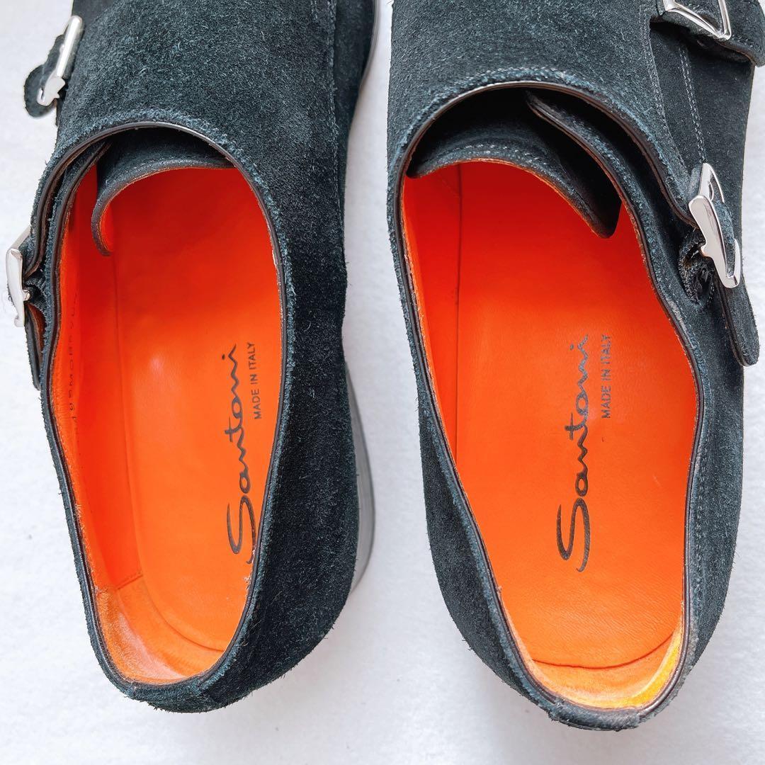 美品 サントーニ ダブルモンクストラップ スエード ビジネス ドレスシューズ 黒