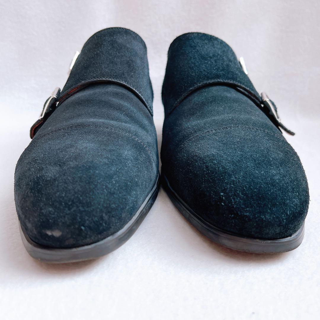 美品 サントーニ ダブルモンクストラップ スエード ビジネス ドレスシューズ 黒