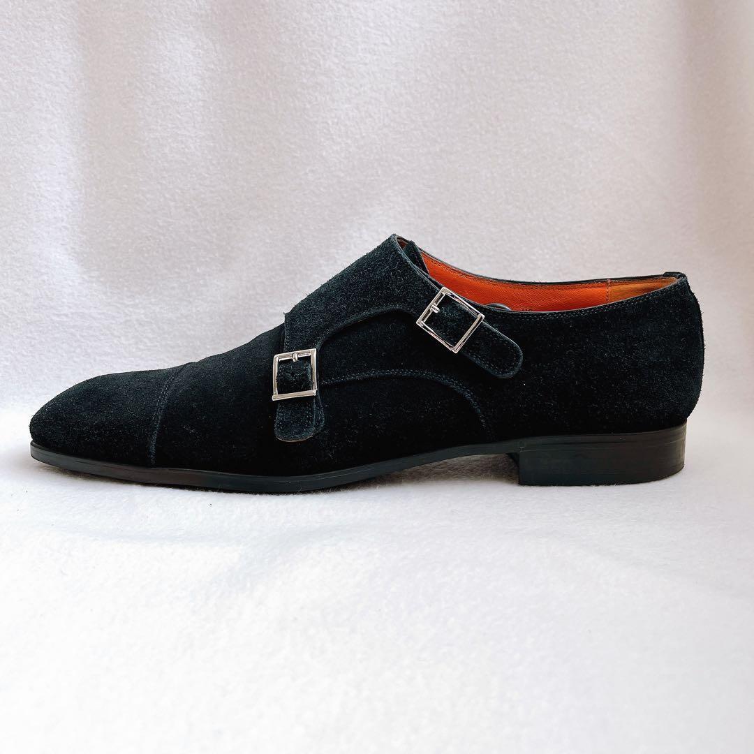 美品 サントーニ ダブルモンクストラップ スエード ビジネス ドレスシューズ 黒