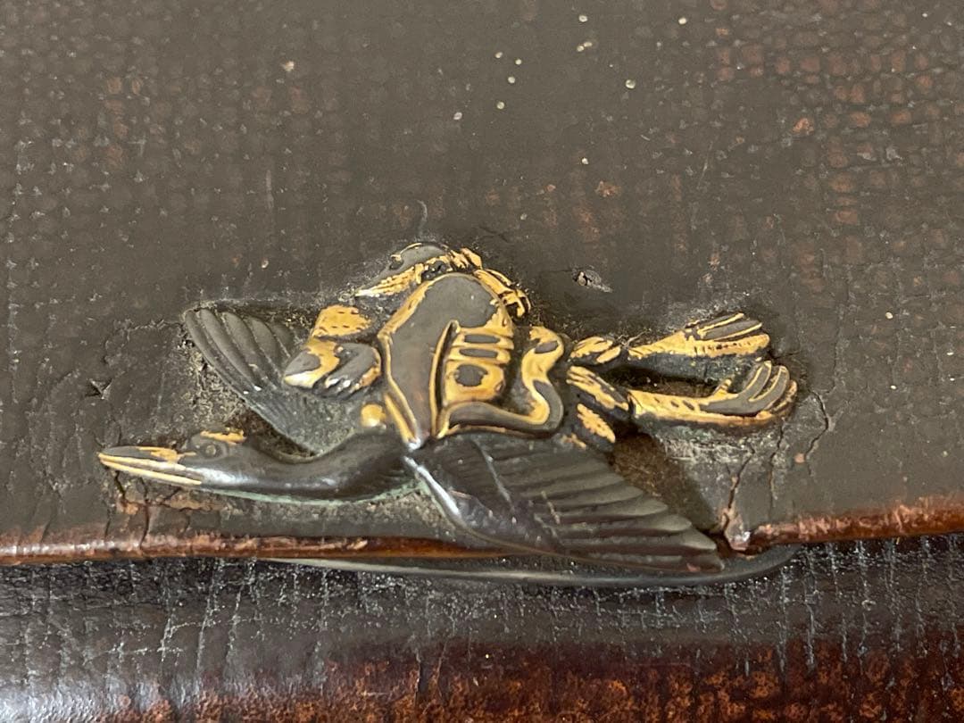 日本製アンティーク　キセル筒付き革製タバコ入れ