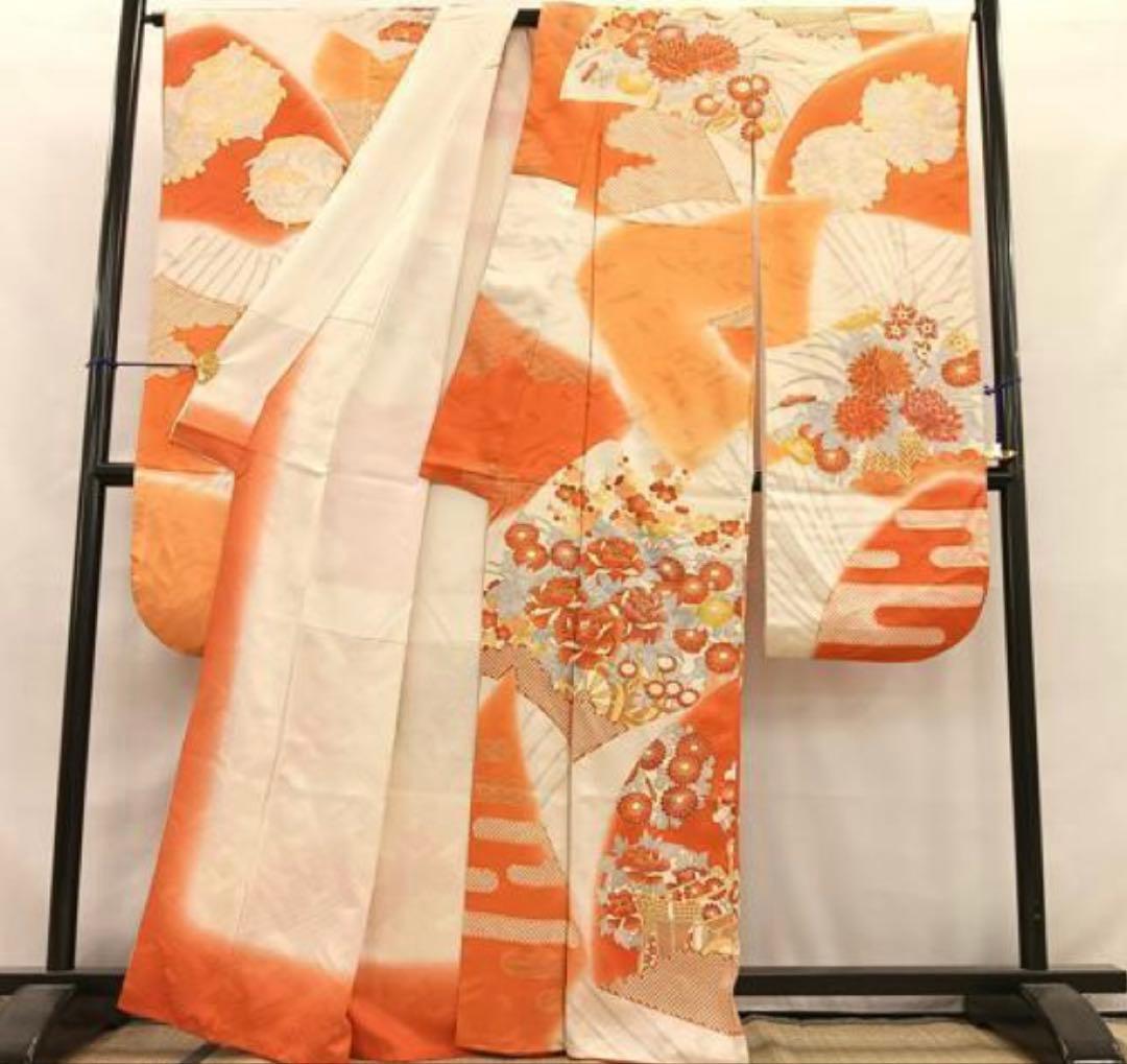 振袖 フルセット6点サイズM〜Ｌ駒刺繍　扇面花車文　暈し染め　金彩　正絹