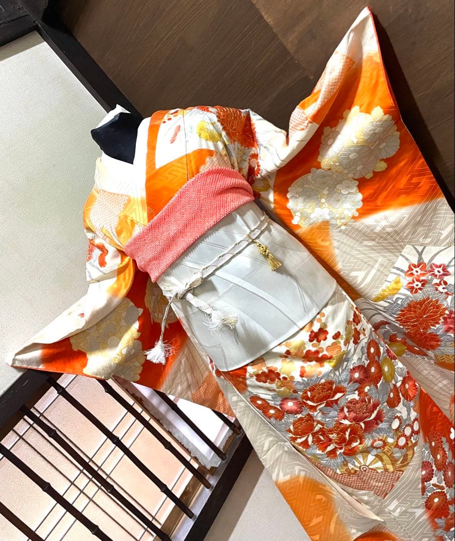 振袖 フルセット6点サイズM〜Ｌ駒刺繍　扇面花車文　暈し染め　金彩　正絹