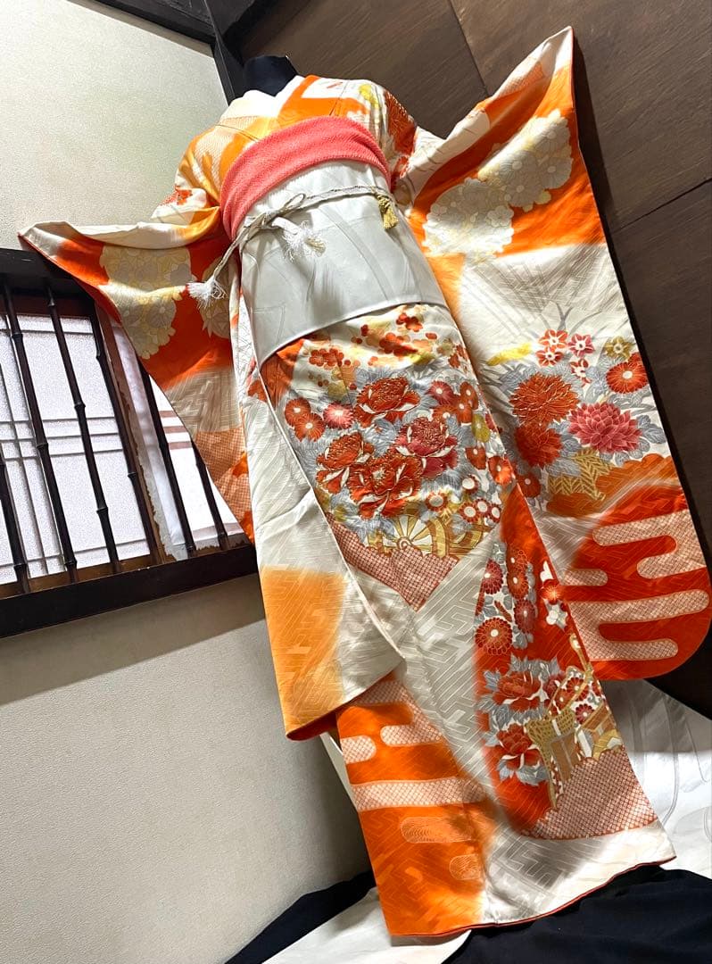 振袖 フルセット6点サイズM〜Ｌ駒刺繍　扇面花車文　暈し染め　金彩　正絹