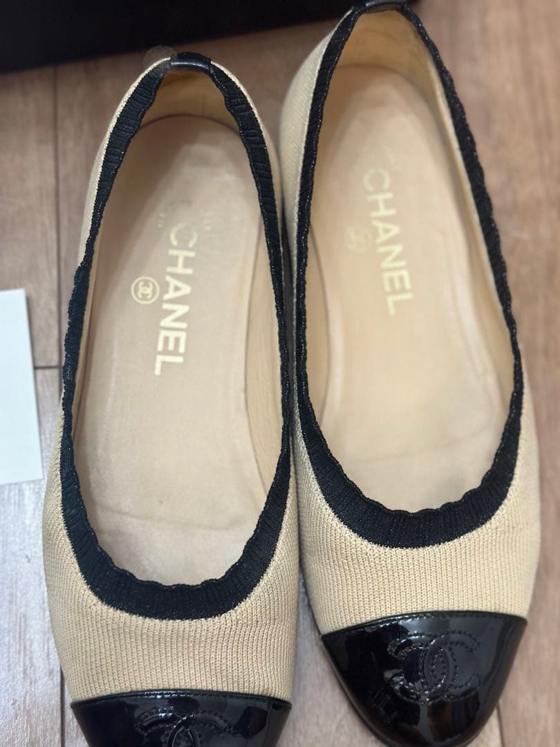 ★ぶン★CHANEL バレーシューズ　フラット　ベージュ　黒　サイズ37