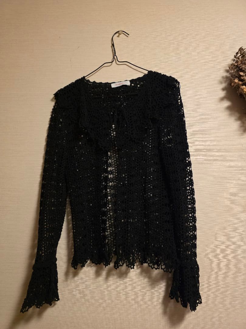 Wonderful World黒 レース編み フリル カーディガン