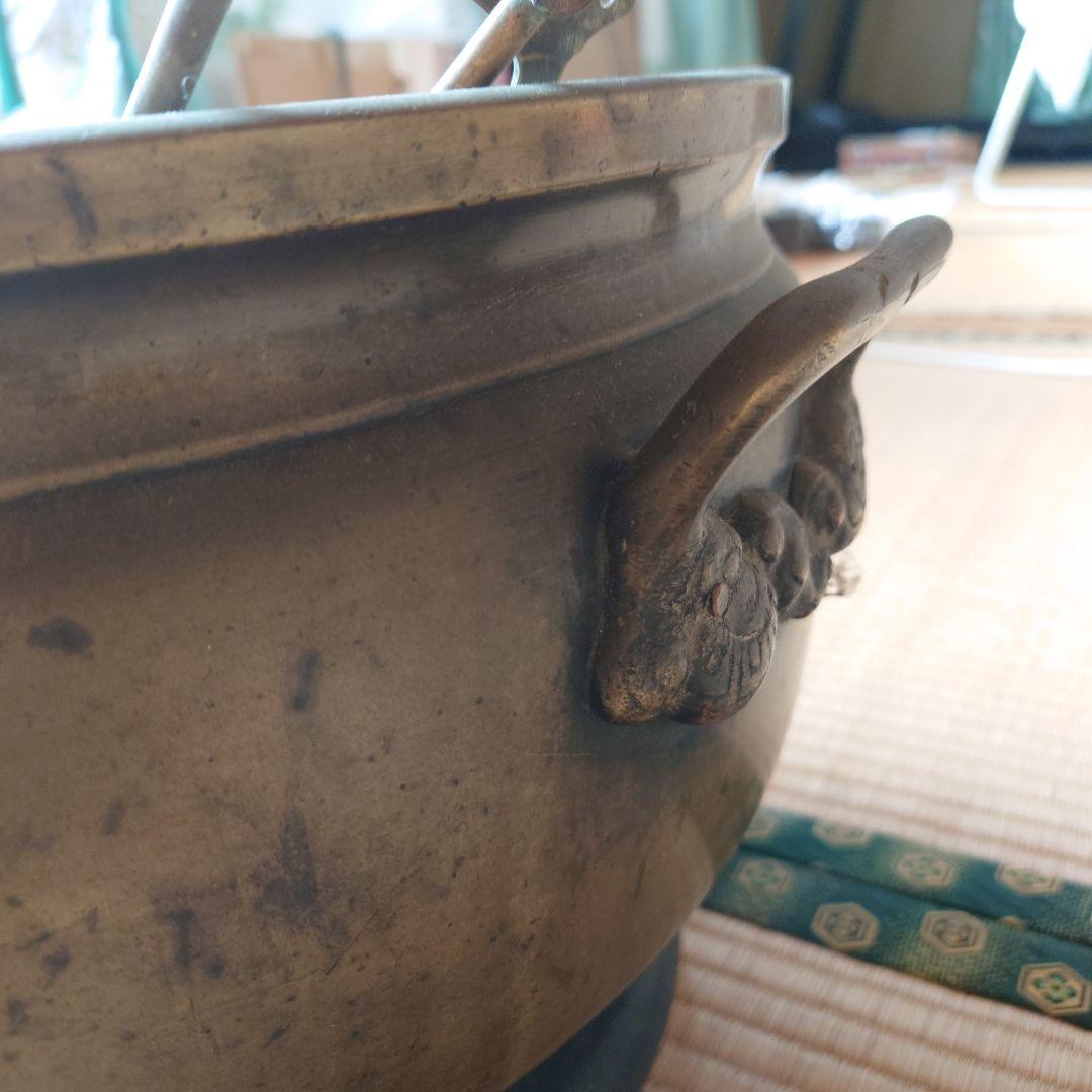 金属真鍮製 火鉢 山水画の装飾