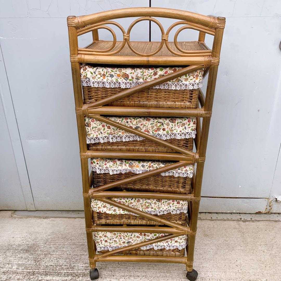 【送料込】ラタン 籐 ヴィンテージ収納 5段チェスト キャスター付 アンティーク