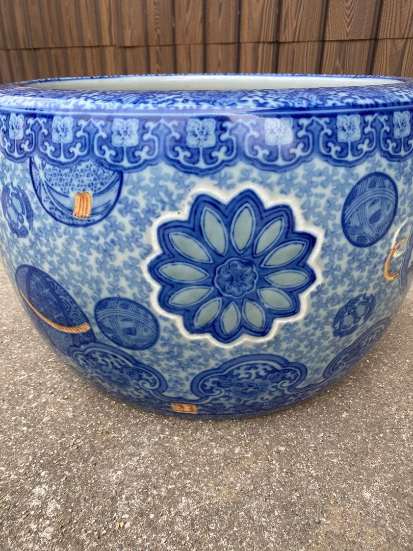 特大　火鉢　陶器鉢　睡蓮鉢　染付　有田焼　在銘　花　金魚鉢　骨董　アンティーク