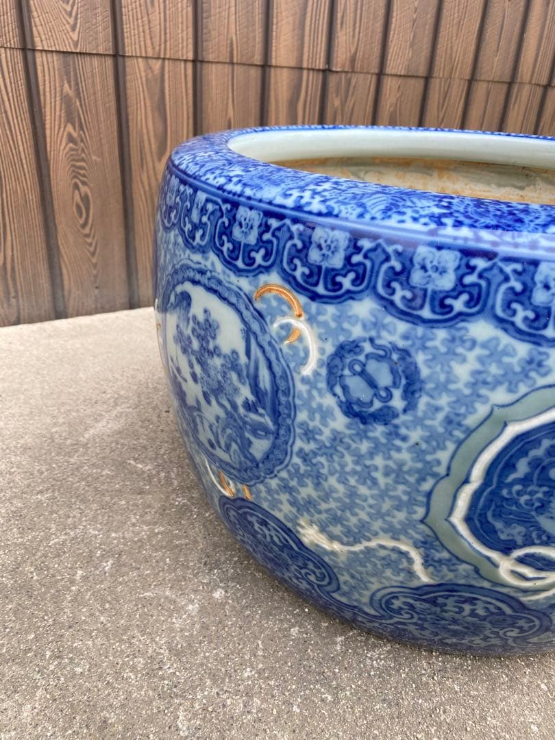 特大　火鉢　陶器鉢　睡蓮鉢　染付　有田焼　在銘　花　金魚鉢　骨董　アンティーク