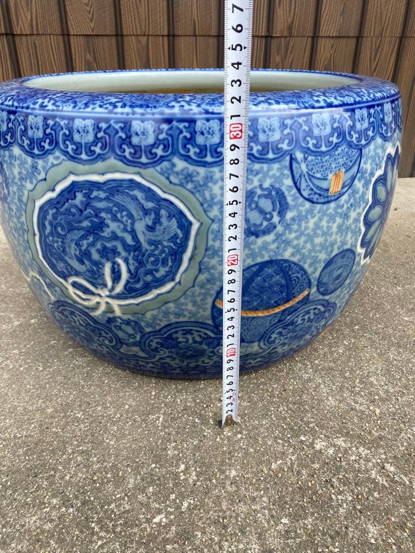 特大　火鉢　陶器鉢　睡蓮鉢　染付　有田焼　在銘　花　金魚鉢　骨董　アンティーク