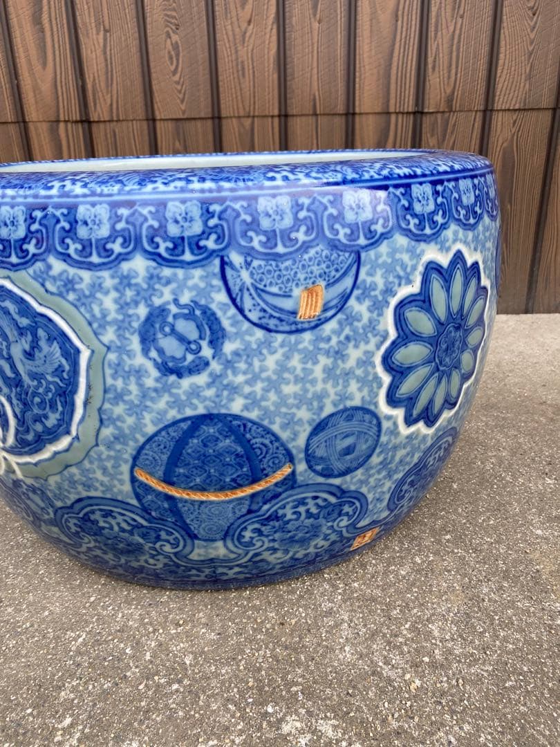 特大　火鉢　陶器鉢　睡蓮鉢　染付　有田焼　在銘　花　金魚鉢　骨董　アンティーク