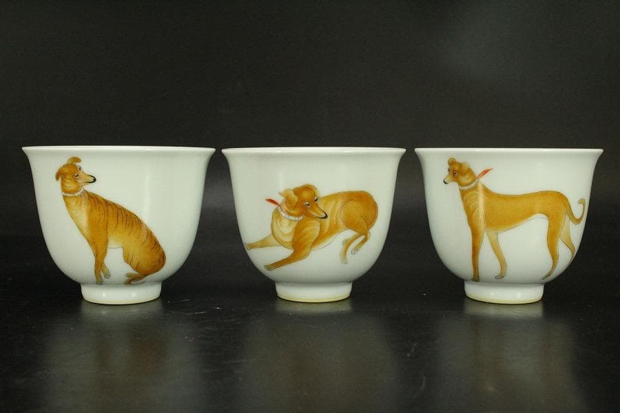 中国美術 色絵 細密 犬 絵 煎茶碗 十件 揃 雍正年製 書(A434)