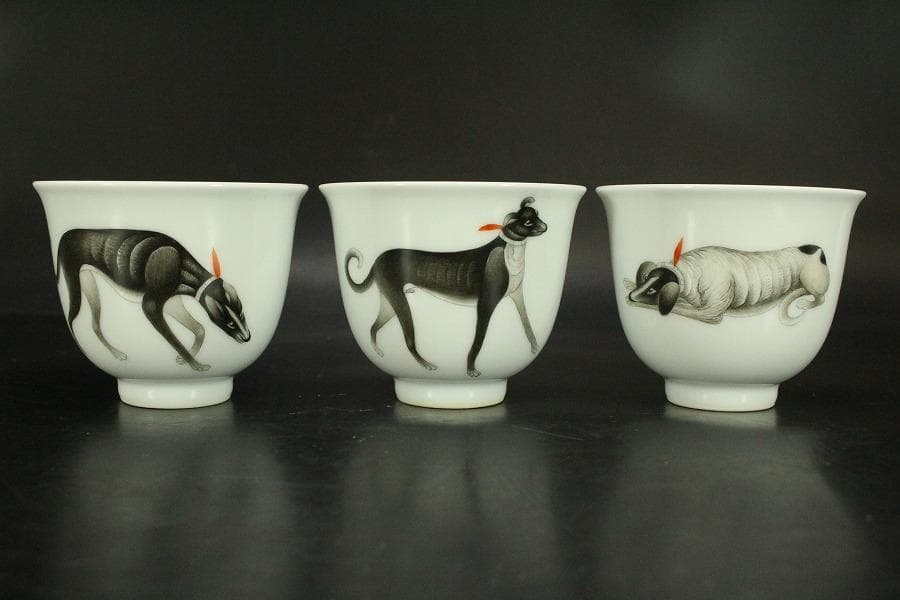 中国美術 色絵 細密 犬 絵 煎茶碗 十件 揃 雍正年製 書(A434)