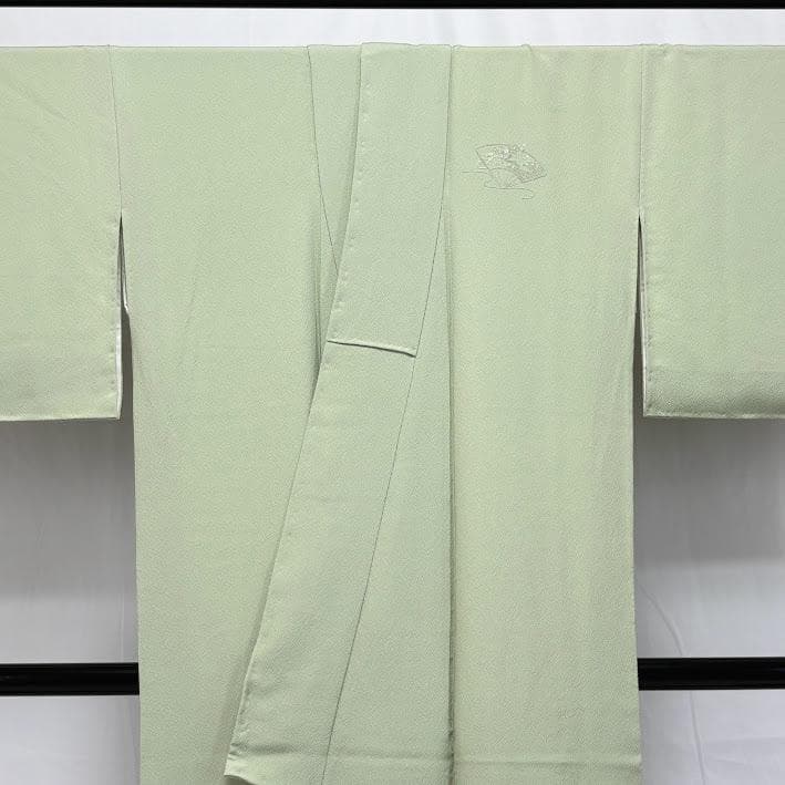 ゆりのはな　付下げ　汕頭刺繍　扇子柄　ちりめん　トール　薄山葵色　正絹　H609