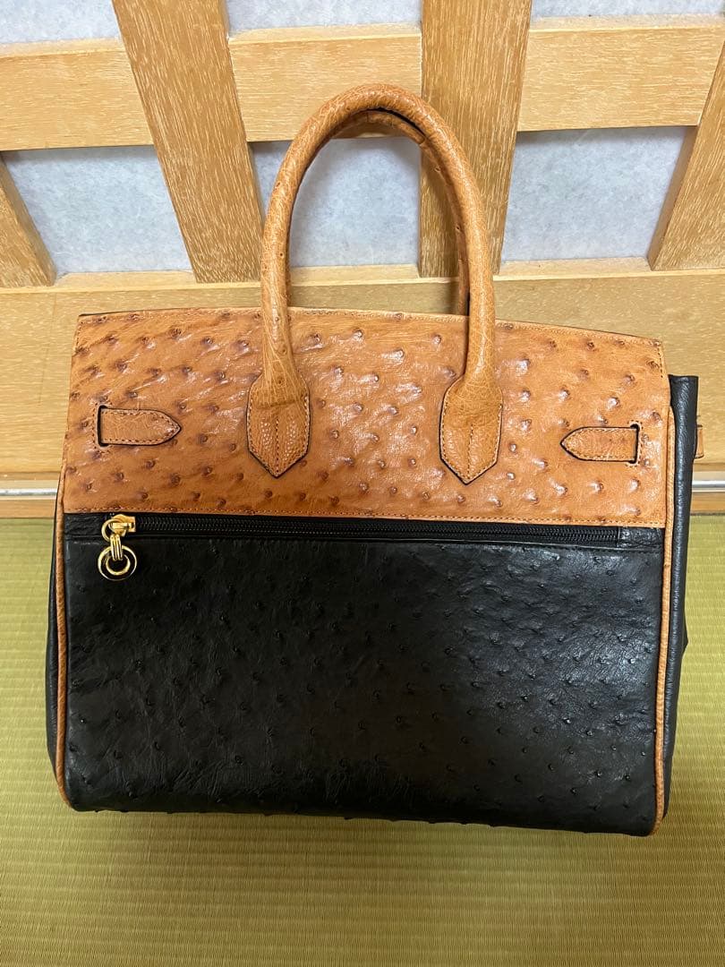オーストリッチレザー トートバッグ 黒茶　sanpo
