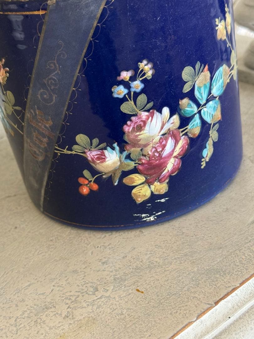 フランスアンティークレアなネイビーのお花柄cafeキャニスター蓋付き容器